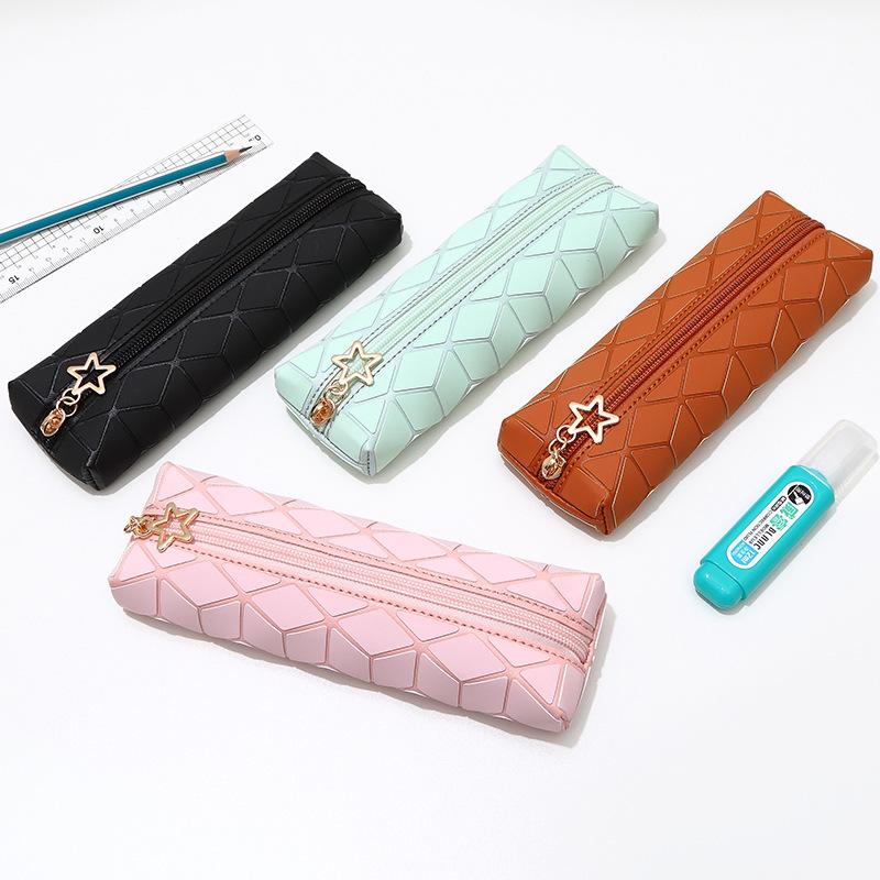 Diamond Lattice PU Leather Large Capacity Pencil Case - Stylish Student Stationery Organizer