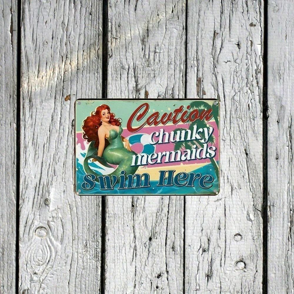 Funny Pool Warning Tin Sign Vintage Mermaid Bathroom Bar Decor
