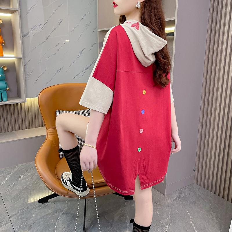 Women's Hooded Contrasting Back Panel T Shirt Summer Loose Long Women
