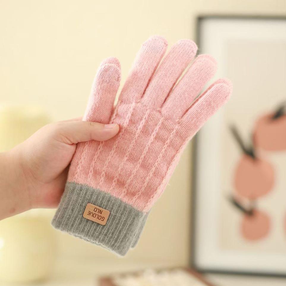 Herbst und Winter Warm Rutschfest Plus Samt Verdickt Zweifarbig Jacquard Handschuhe Gestrickt Fünffinger Radfahren Wolle Colorblock Touchscreen Handschuhe