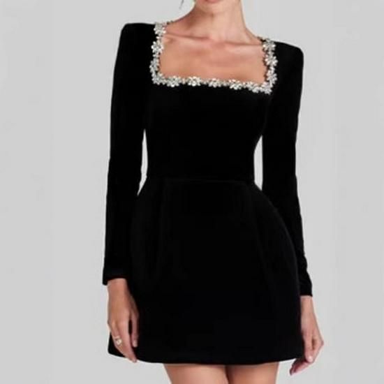 Letnia Damska Sukienka Wieczorowa A-Line z Długim Rękawem i Kwadratowym Dekoltem z Cyrkoniami