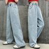 Summer Spring Girls Middle School Fashion Loose Solid Color Small Love Jeans Casual Pants Wide Leg Pants 4-10 Years Old