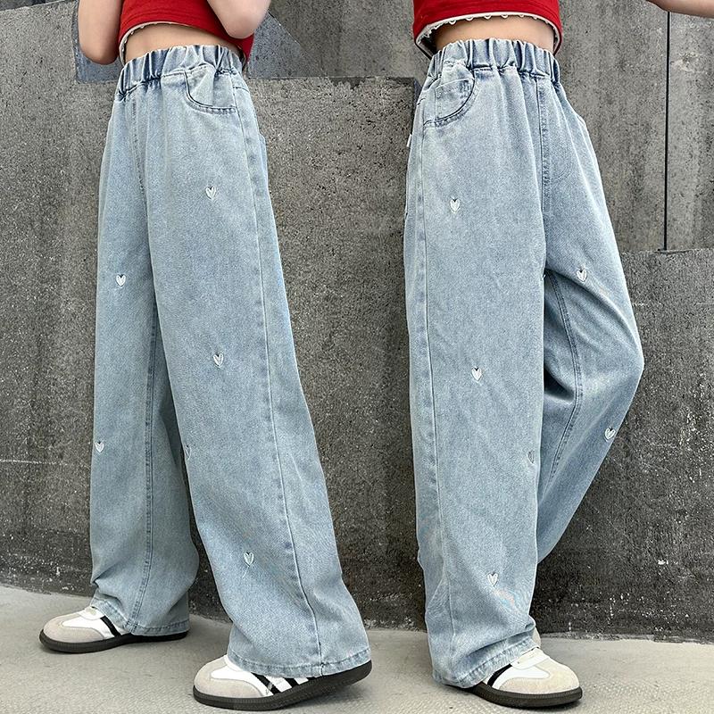Summer Spring Girls Middle School Fashion Loose Solid Color Small Love Jeans Casual Pants Wide Leg Pants 4-10 Years Old