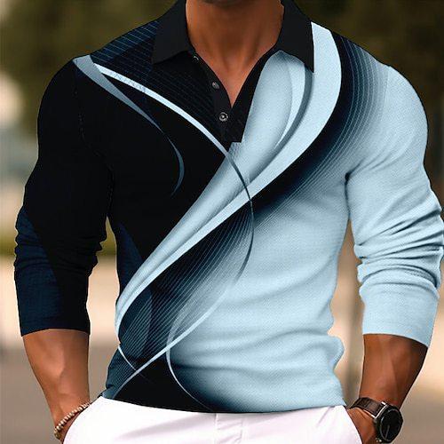 Men's Casual Gradient Button Up Long Sleeve Polo Shirt Fashion Sweatshirt