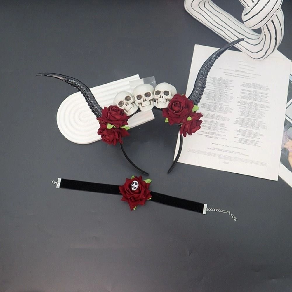 Gothic Style Ox Horns Headband Skull Red Rose Headband Flower Crown Sheep Horn Hairband  Cosplay