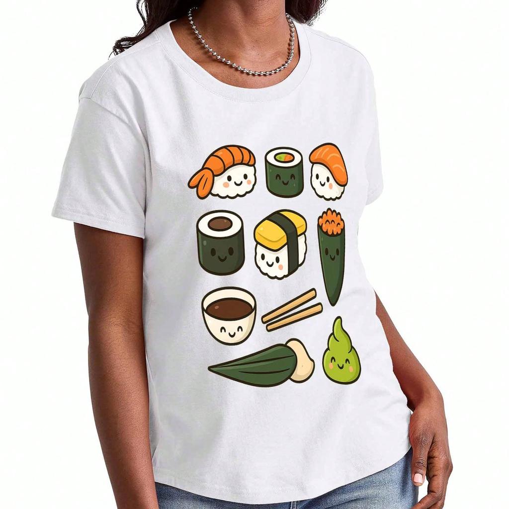 Sushi Lover Wounisex's Cotton T Shirt, Premium Cotton Quality Print, Durable And Cute, Casual Fashion, Featuring Adorable Sushi Rolls, Wasabi, And Soy