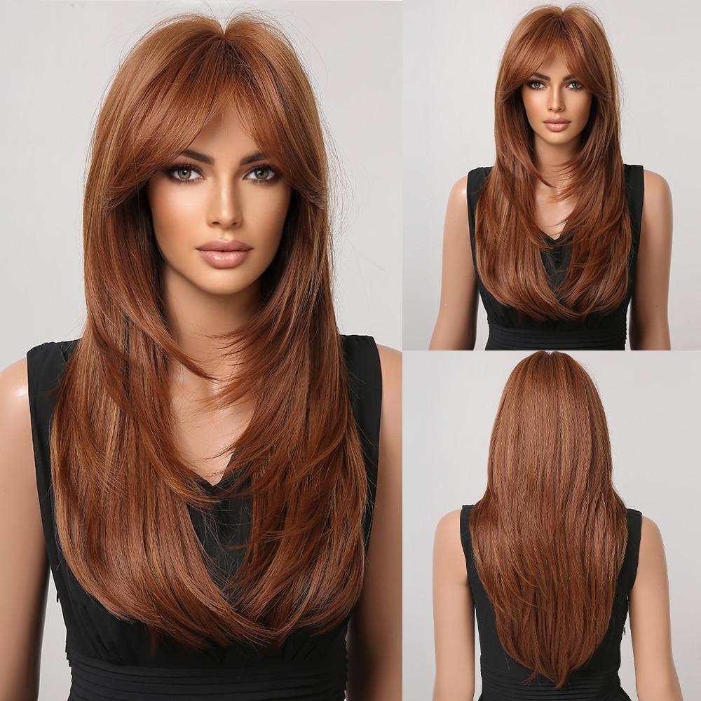 EASIHAIR Dlouhé rovné paruky s ofinou Tmavě hnědá s blond melír Syntetické paruky pro ženy Denní paruky do vlasů Odolné vůči teplu