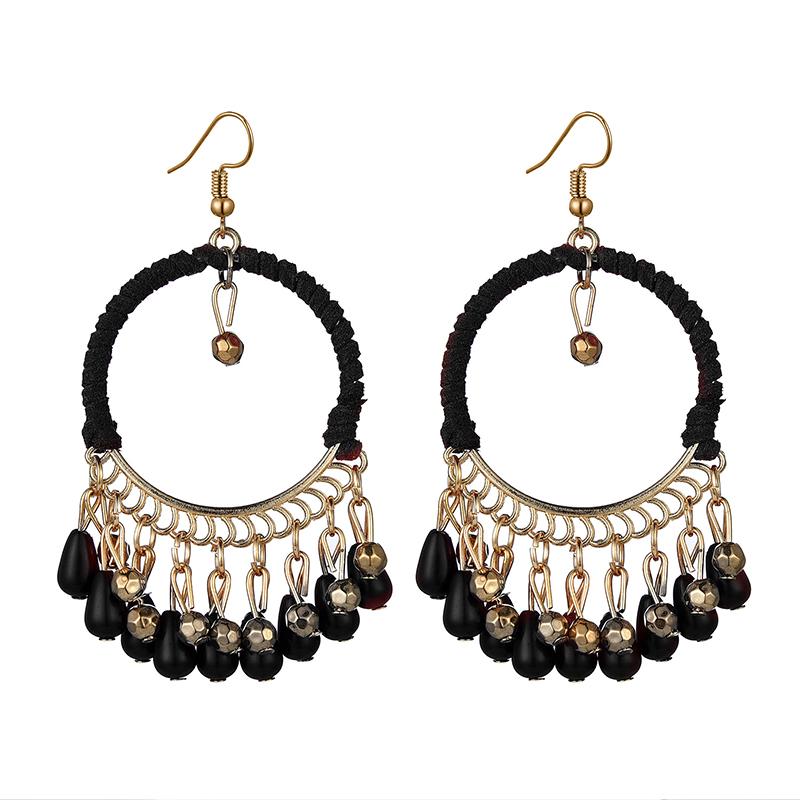 Bohemian Round Water Drop Tassel Earrings Jewelry Ethnic Style Hand Woven Hollow Geometric Statement Earrings for Women Girls