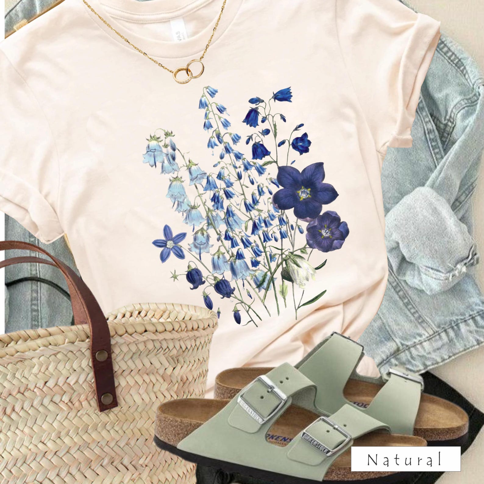 Jardin Azure T-shirt: Vintage Botanical Wildflower Bouquet Tee S-4X S