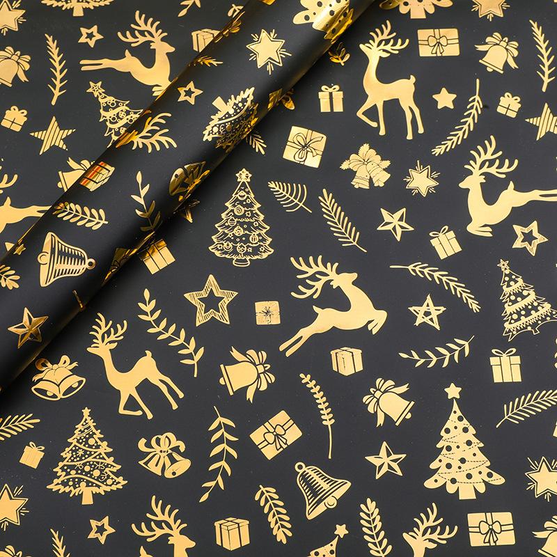 1pc Extra-Long Premium Retro Black & Golden Christmas Wrapping Paper with Golden Reindeer, Trees, Snowflakes, Craft Paper