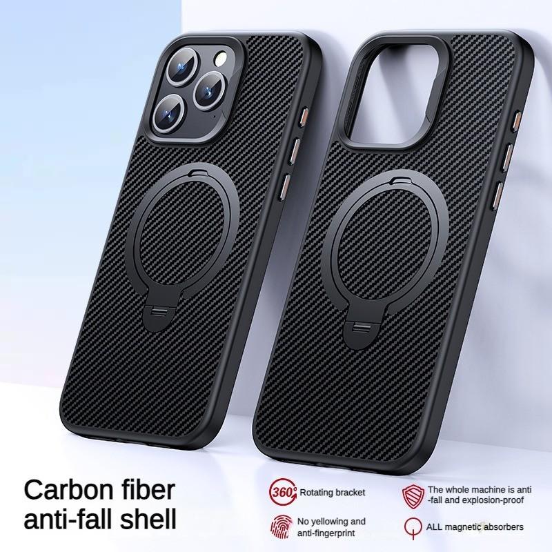 

Rotating Bracket Magnetic Suction Phone Case for iPhone 16 Pro Max 15 14 Plus 13 12 Carbon Fiber Pattern Cover Support Charging for iPhone12 чёрный