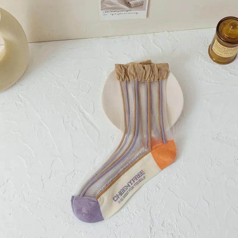 Summer Thin Mesh Stocks for Women Tulip Rose Flower Crystal Glass Silk Socks Korean All-match Light Visible Mid-calf Stocking
