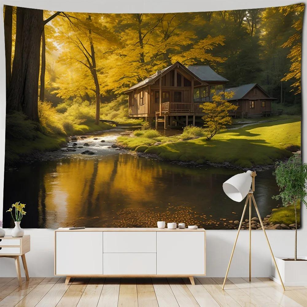 Forest Cabin River Pattern Tapestry Bedroom Living Room Tapestry Home Wall Decoration Tapestry