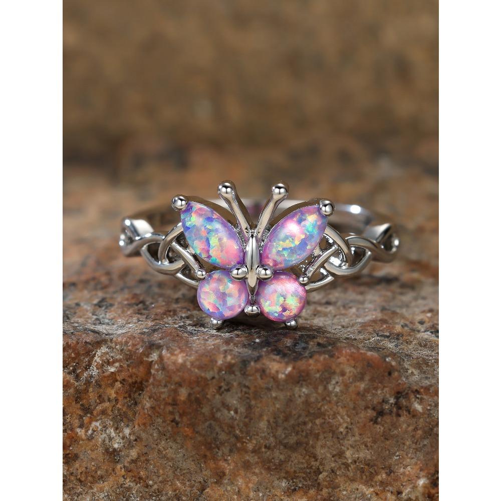 Hollow Out Colored Diamond Butterfly Design Ring Summer Fashion Exquisite Small Fresh Personality Ring