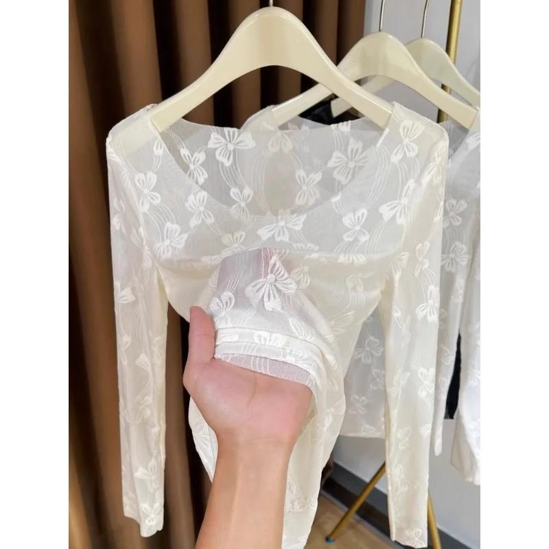 Womens Square Neck Floral Embroidered Sheer Mesh Long Sleeve Top Casual Blouse