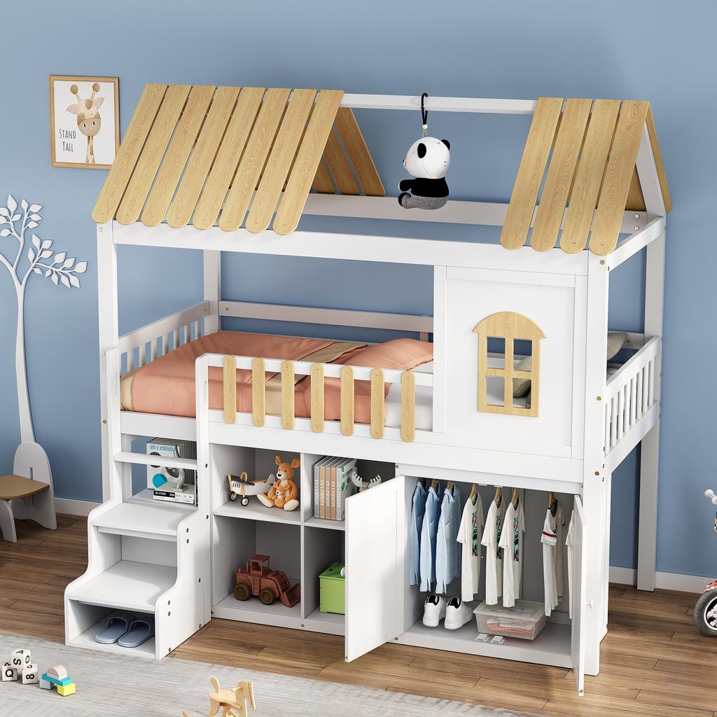 Paturi supraetajate, Spațiu de depozitare generos, Dulap, Fereastră, Cadru din pin, Dulap pentru pantofi, Trepte, Design minimalist, Balustradă stabilă, Alb+Natural, 90x200cm