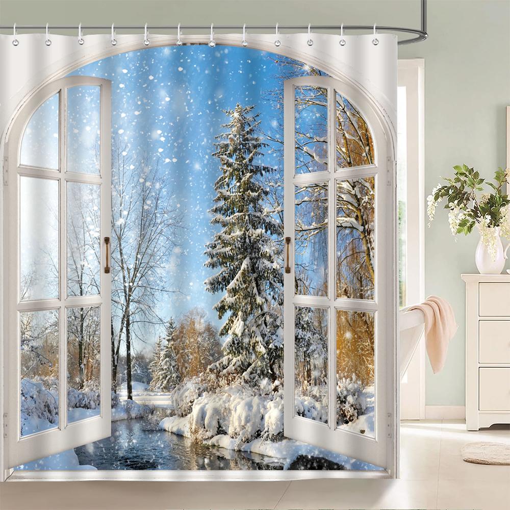 Bath Curtain 3D Printing Window Scenery Forest Shower Curtains 180*200Cm Waterproof Bathroom Curtain Washable Fabric With Hooks