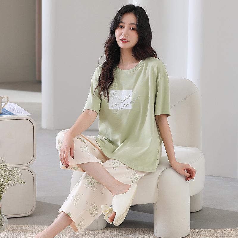 Cotton and silk pajamas women's summer thin round neck short-sleeved cropped pants Korean version Modal soft loose loungewear suit