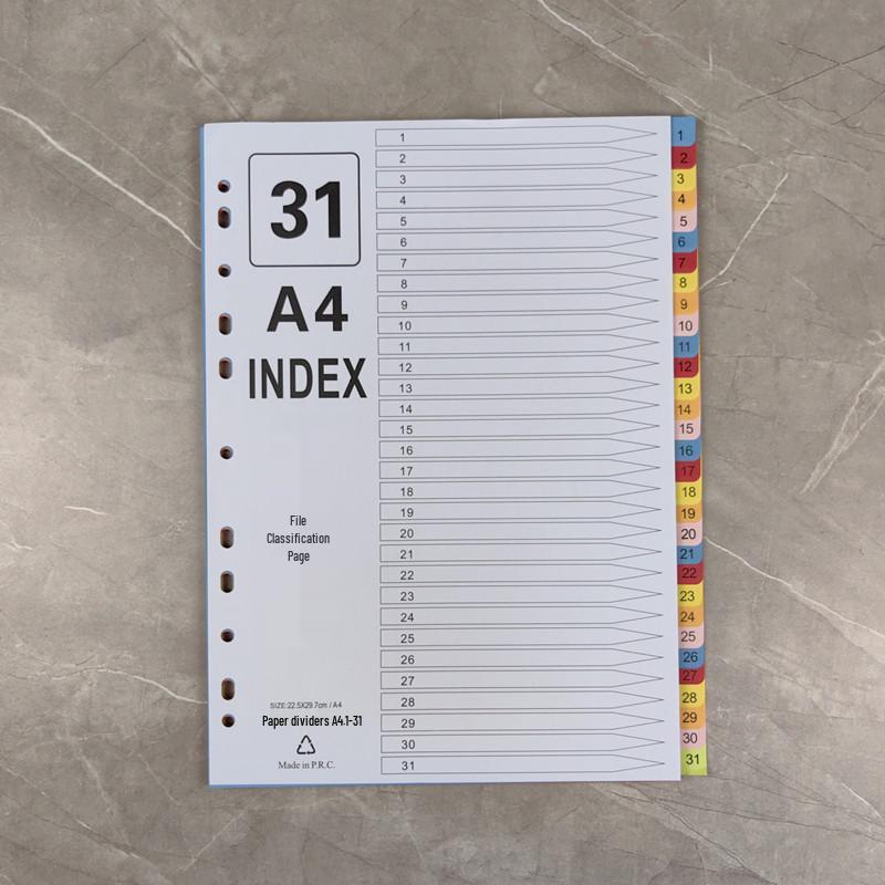 Set de separadores A4 de hojas sueltas: 12 Páginas de Índice Mensual, 50 Páginas Etiquetadas, 31 Páginas de Clasificación por Letra de Colores, Perforadas para 11 Agujeros.