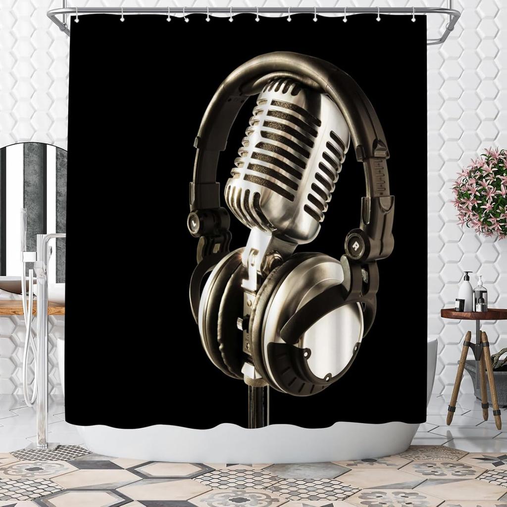 Music Shower Curtain Microphone Printed Black Shower Curtain 180x 180cm Polyester Fabric Bathroom Decoration