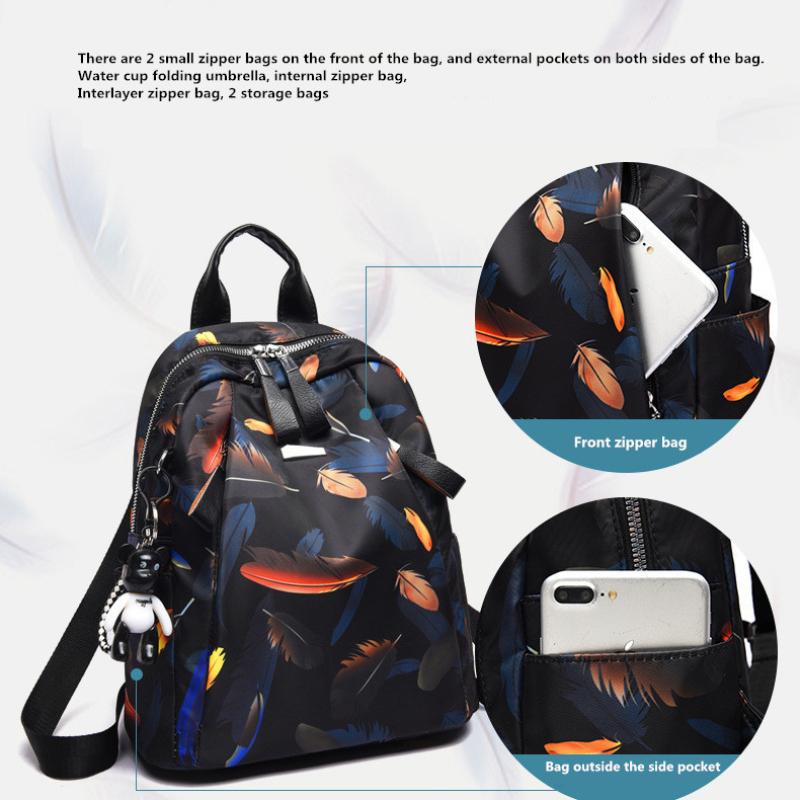 Anti-thief Feather Print Backpack Female Oxford Cloth Waterproof Travel Casual Schoolbag  Brand Ladies Large Capacity Backpack