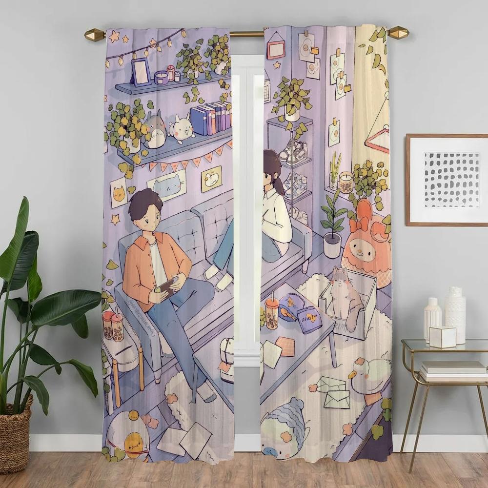Set Of 2 Kawaii Life Tulle Bedroom Kitchen Curtains Camera Home Interior Window Curtain Shades Partition Room For Sleeping Area Made Polyester