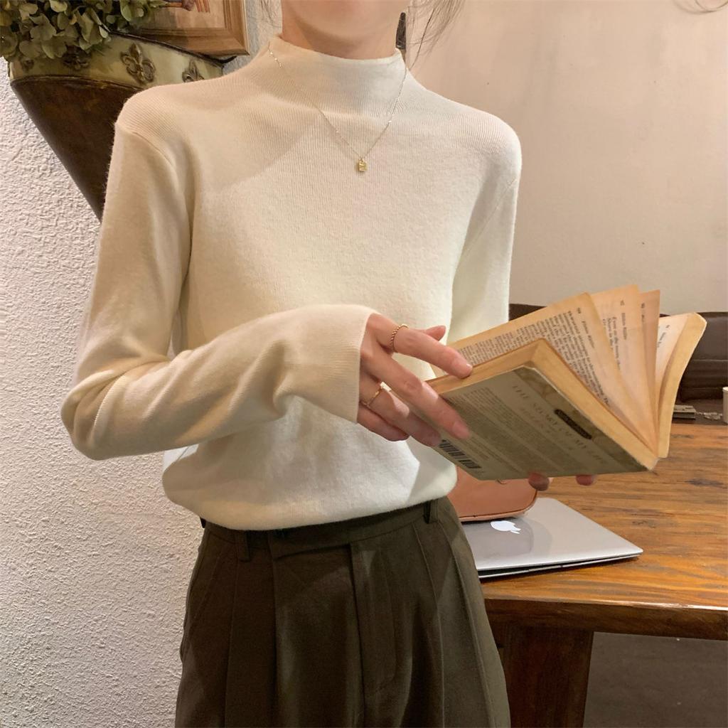 Autumn and winter warm small stand-up collar with knitted bottoming shirt inside, women's stacked long-sleeved solid-color versatile soft waxy 