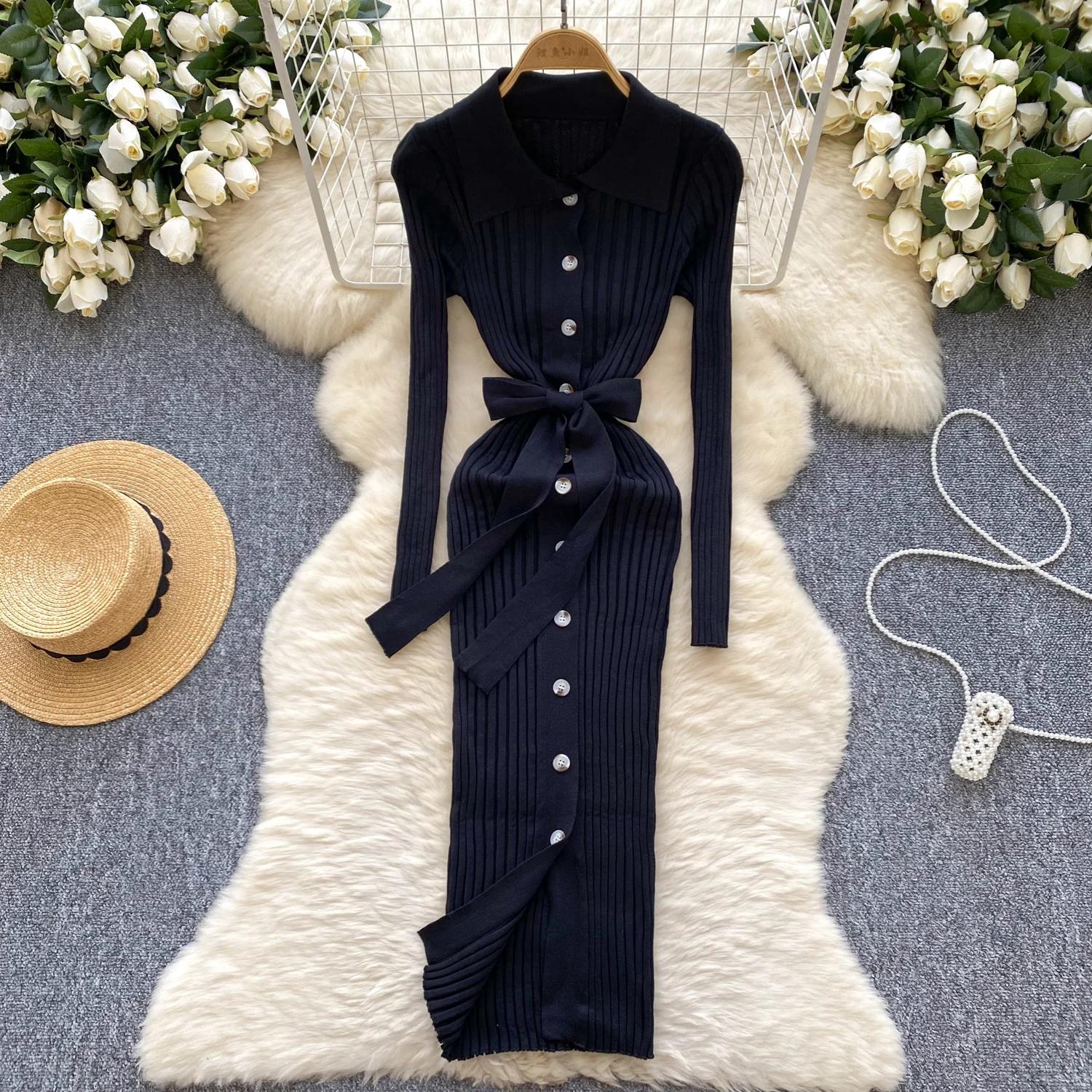 Винтажное отложной воротник элегантное длинное рукав однобортное бандажное трикотажное — фото 24