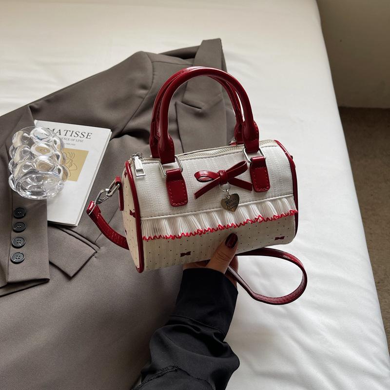 

2025 лето новая милая девушка сердечко сумка Бостон розовая лента нишевая для поездок на работу плечевая сумка-мессенджер белый