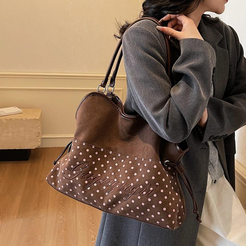 Borsa Tote in Camoscio a Pois Design con Lettere Stampa Leopardo Coreana, Borsa a Spalla Grande Capacità con Coulisse da Donna Fashi Borsa a Mano Casual