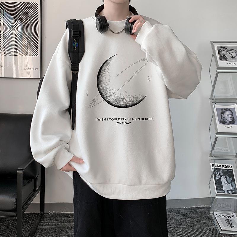 Men's American Trendy Crewneck Pullover Hoodie - Autumn High Street Print, Loose Fit, Lazy Style Long Sleeve Top