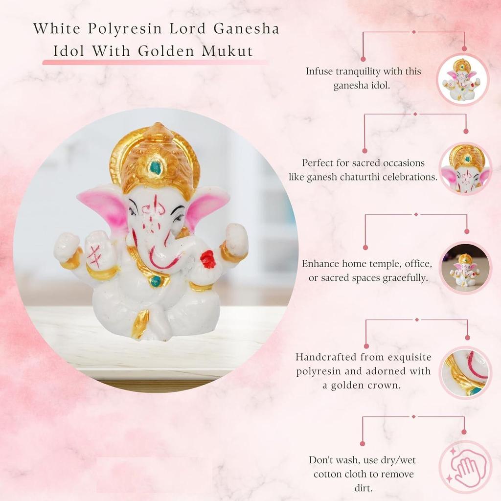 White Resin Lord Ganesha Idol with Golden Mukut| Lord Ganesha Idol for Home Decor Office Car Dashboard| Ganesha Statue for Puja Room