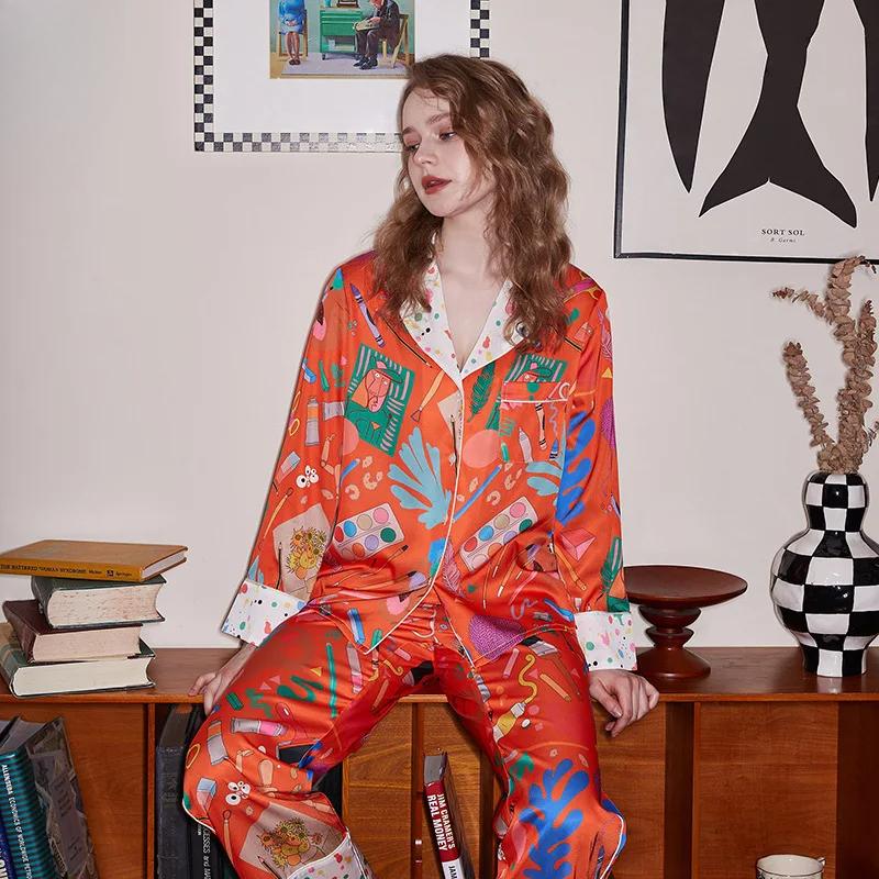 Comfortable Ice Silk Pajamas Women's Lapel Spring and Summer Long Sleeve Home Clothes New Style