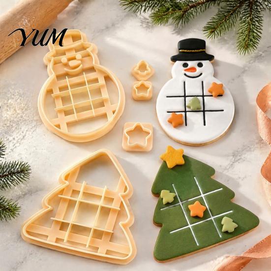 Easy to Demould Cookie Molds Christmas TicTacToe Cutter, Snowman Tree Shaped Mold for Holiday Fun Baking Kids Baking, DIY Biscuit Stamp Party, Festive