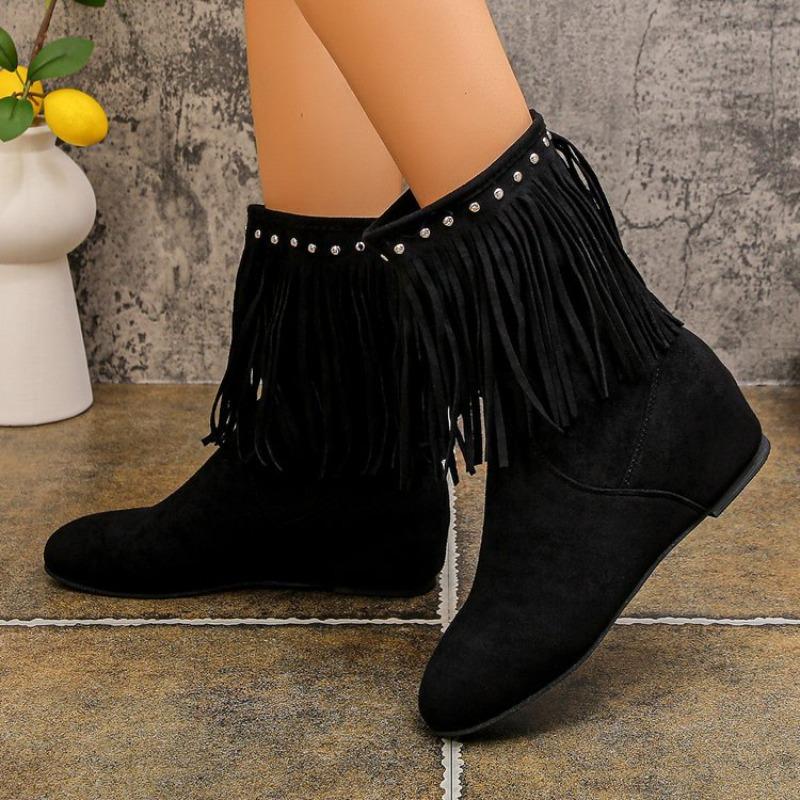 Large Size Wind Round Head Flat Heel Rhinestone Fringed Fashion Boots Autumn and Winter New Mid Tube Outer Women's Boots