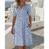 Summer New Floral Print V-neck Short Sleeve Midi Dress for Women, European Style Casual Ladies Dress