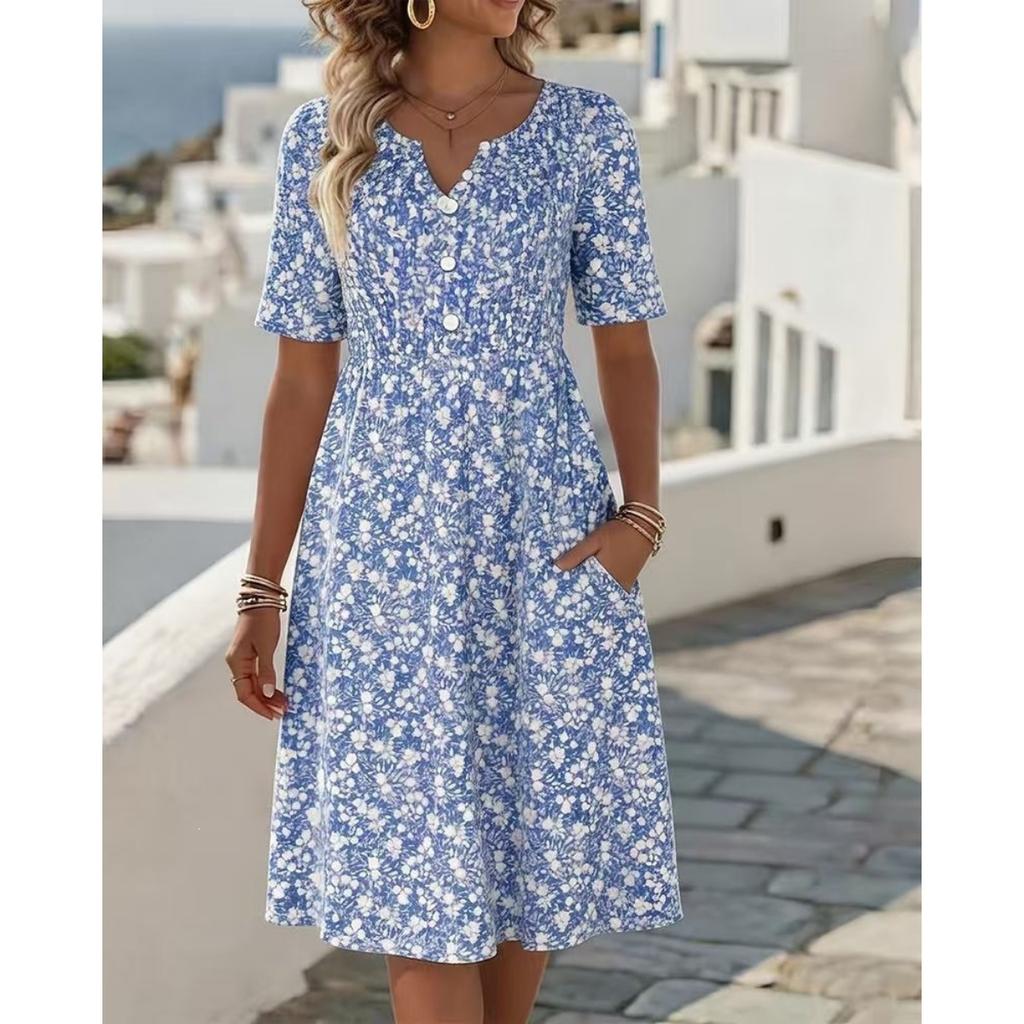 Summer New Floral Print V-neck Short Sleeve Midi Dress for Women, European Style Casual Ladies Dress