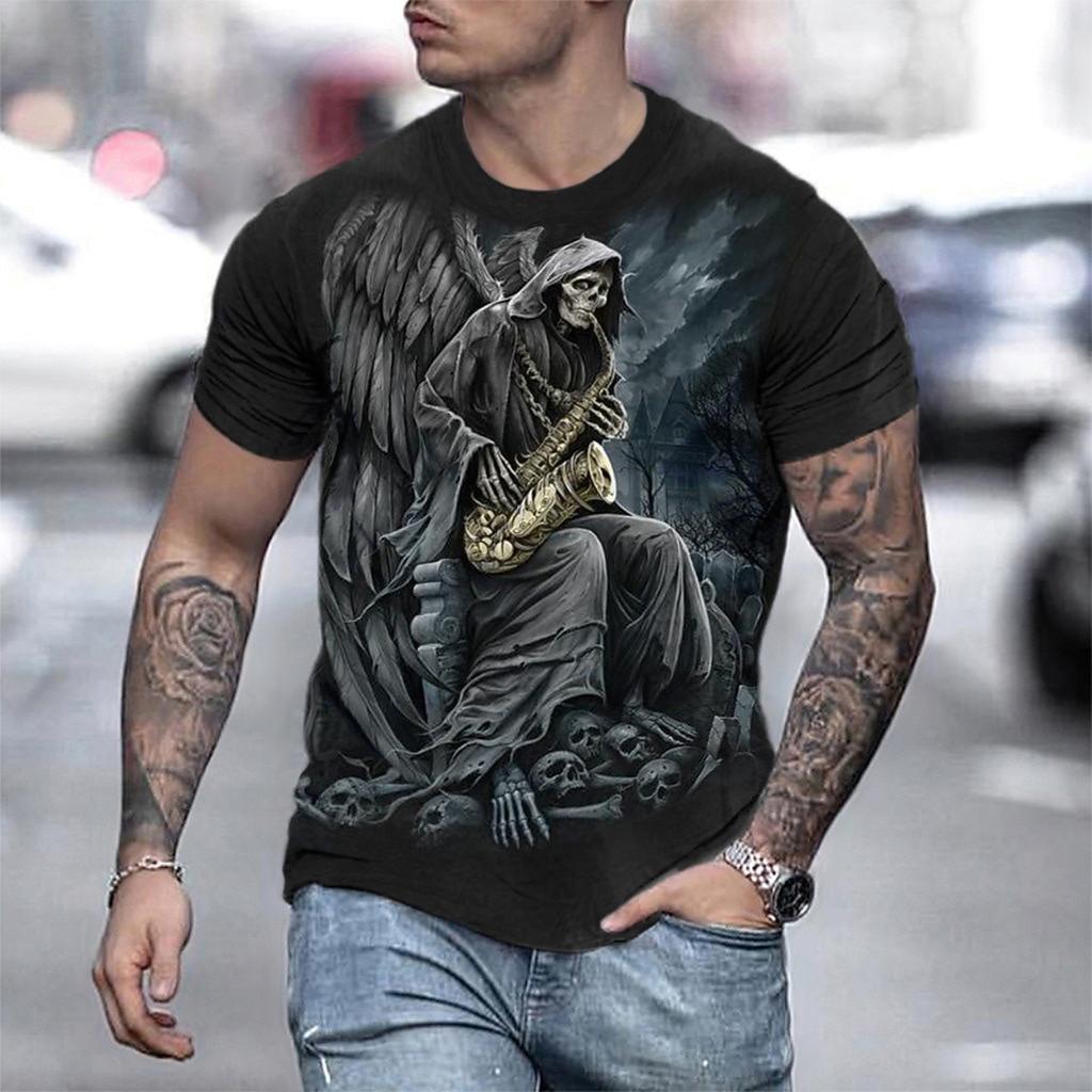 Trendy Men 3D Gothic Skull T-shirt Black Round Neck Short Sleeve Street Style Halloween Eye Catching Fashion Casual Top
