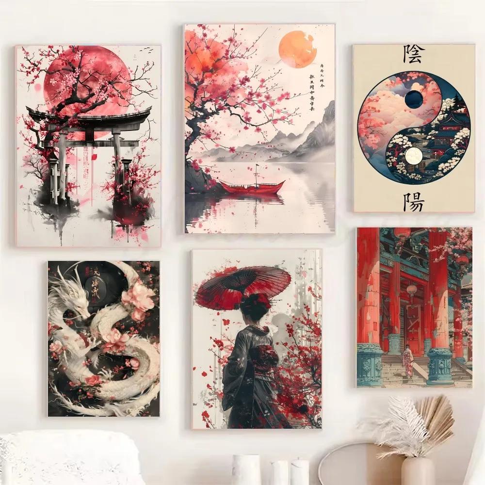 1pc RETRO Landscape Samurai Geisha Bonsai Torii Gate Sakura Poster HD Posters Home Room Bar Cafe Decor Art Wall Painting Picture