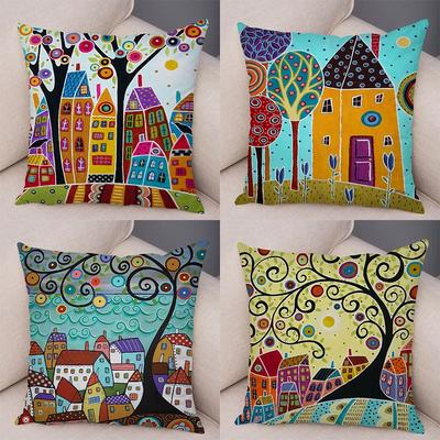 Home Decor Colorful Houses and Twisted Trees Pillow Covers Pattern Cushion Cover Suitable for Sofa Bedroom Car Pillow Cover