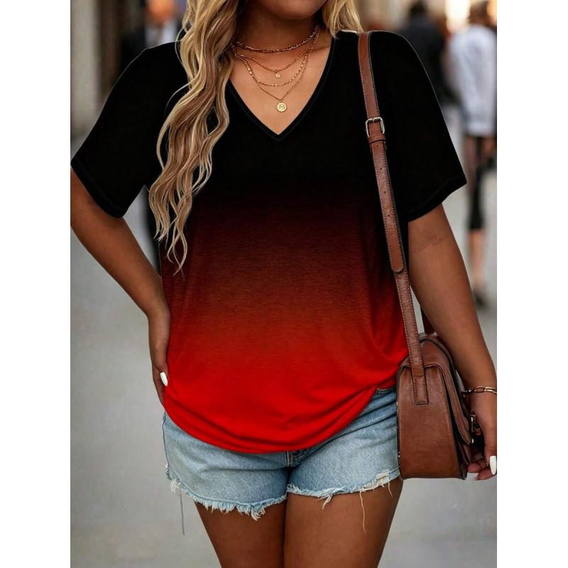 Womens V-Neck Short Sleeve Loose Fit T-Shirt With Floral Lake Scene Cartoon Bun Girl Print 2025 Casual Top