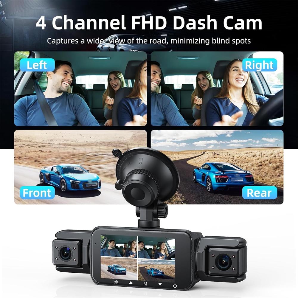 

360° Dash Cam Front and Rear Inside,4 Channel Camera FHD 1080P Recorder G-Sensor