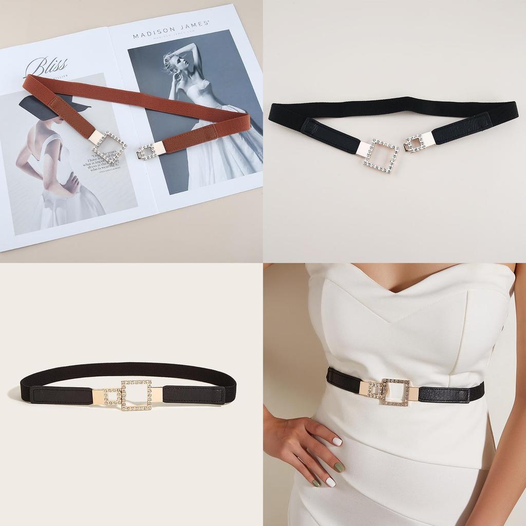 Pu Leather Stretch Waist Seal With Gemstone Embellished Buckle For Ladies