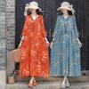 Women's Summer Retro Boho-Print Cotton-Linen Fitted Dress; Loose-Fitting Long Dress with Full Skirt for Mature Women