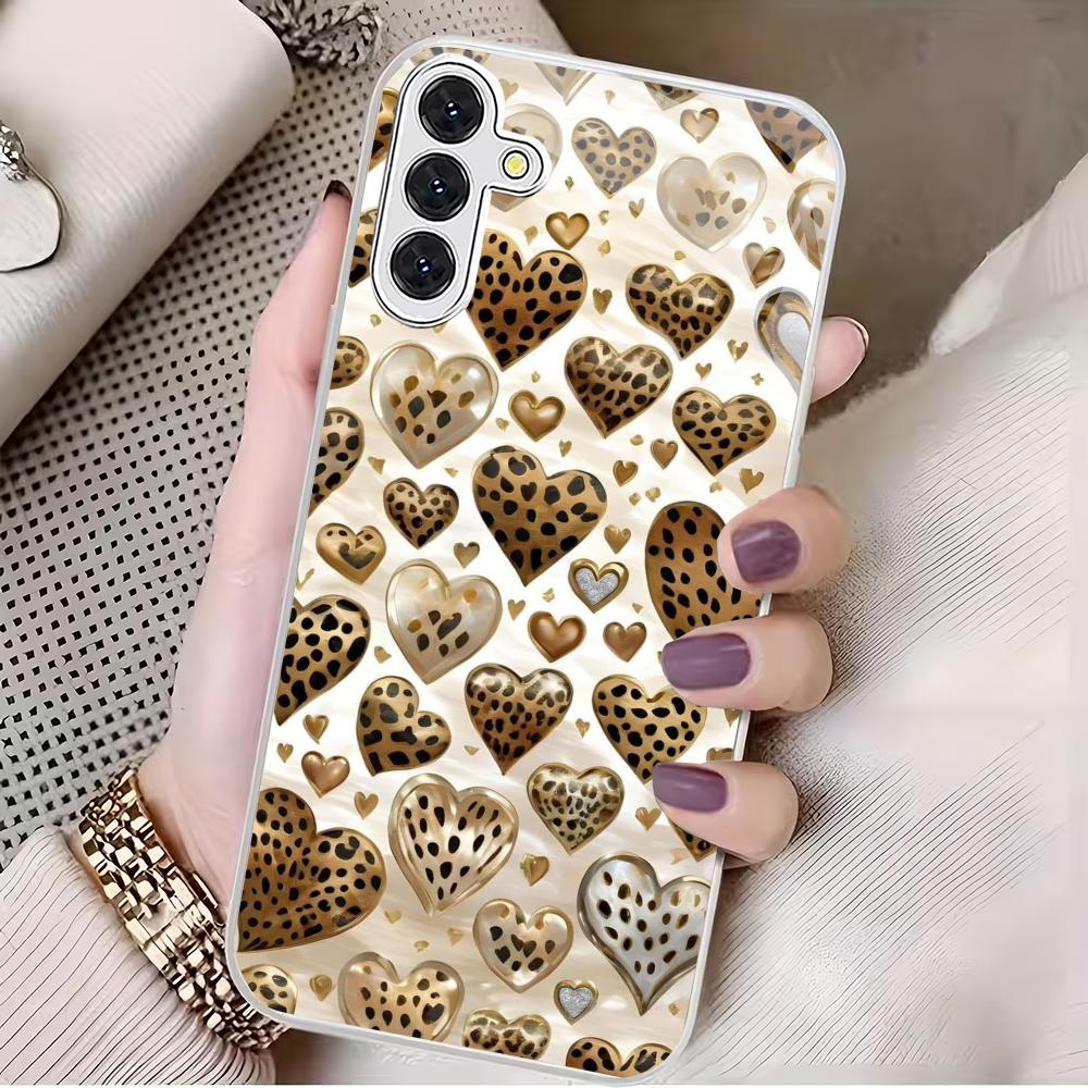 Leopard Patterned Heart-shaped Silver Plated Glass Phone Case Suitable for Samsung Galaxy S26 S25 S24 S22 S21 S20 FE/Ultra/Plus