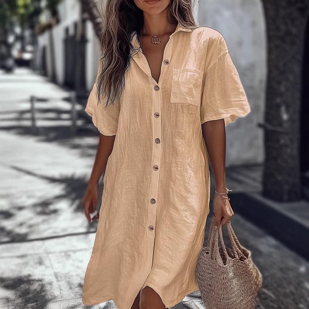 2026 Women's Casual Multi-Color Shirt Dress: European & American Style Short Sleeve Long Cardigan