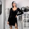 Gothic Retro Black Mini Dress High Waist Dress Street Dress Long Sleeve Party Dress