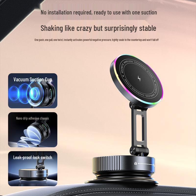 15W Foldable Rotating Alloy Car Wireless Charger with Magnetic Vacuum Suction Phone Holder