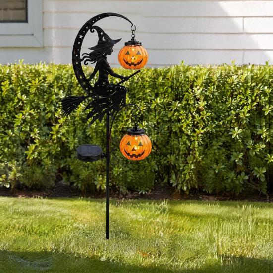 Seasonal Flower Bed Decor Halloween Solar Garden Stake Light, Witch Pumpkin Moon Lantern, Decorative Path Lights IP44 Waterproof Metal Outdoor