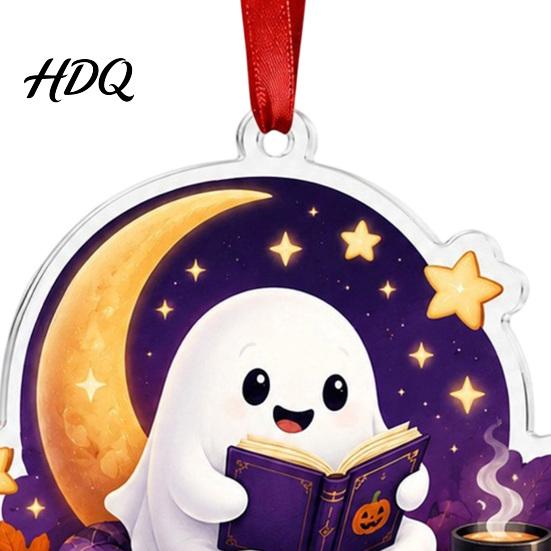 Spooky Home Decor Halloween Reading Ghost Hanging Ornament Acrylic Holding Book Pumpkin Mummy Ornament Black Cat Decor 2D Cartoon Bookish